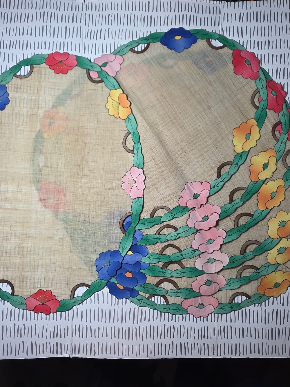 Set of 7 Vintage Floral Applique Oval Linen Placemats Doilies